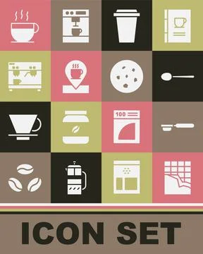 Set Chocolate bar, Coffee filter holder, Spoon, cup to go, Location with coffee Illustrazione stock