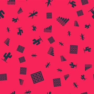 Set Chocolate bar, Lizard, Cactus and Pan flute on seamless pattern. Vector Illustrazione stock