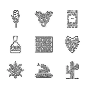 Set Chocolate bar, Snake, Cactus, Poncho, Sun, Tequila bottle, Mexican carpet イラスト素材