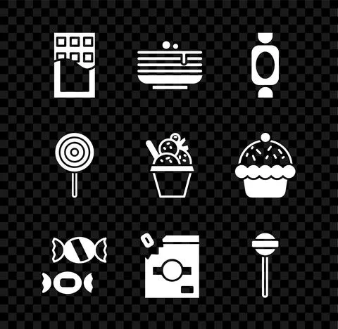 Set Chocolate bar, Stack of pancakes, Candy, packaging for sweets, Lollipop, and Stock Illustration