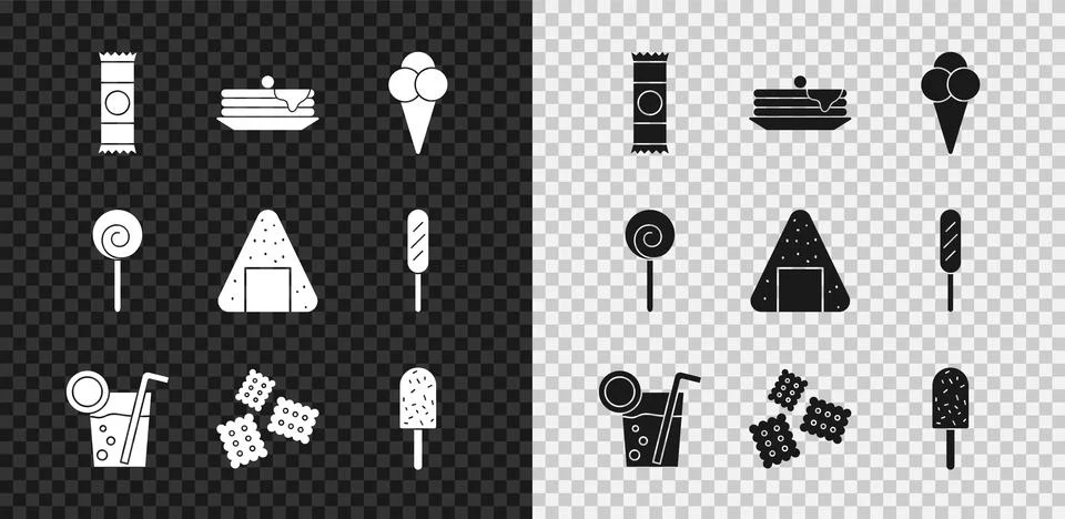 Set Chocolate bar, Stack of pancakes, Ice cream in waffle cone, Cocktail, C.. Stock Illustration