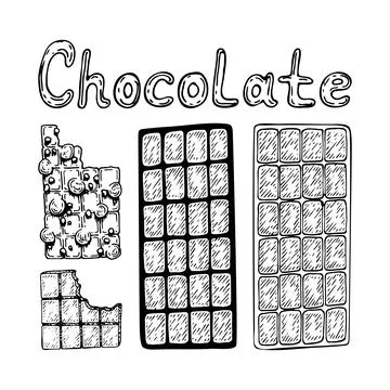 Set chocolate bars sketch. Candy, truffle, bar, tile. Delicious dessert. Choc Stock Illustration
