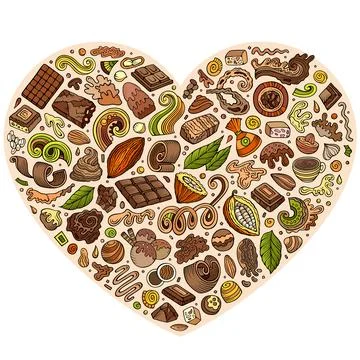Set of Chocolate cartoon doodle objects. Heart form composition Stock Illustration