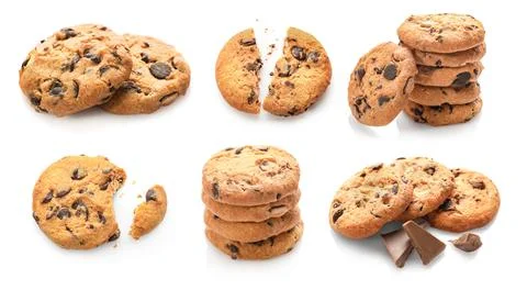 Set of chocolate chip cookies isolated on white background. Stock Photos
