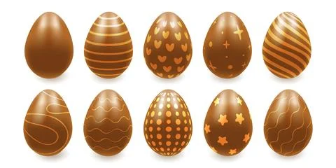 A set of chocolate Easter eggs with gold patterns on a white background. 3d.. Stock Illustration