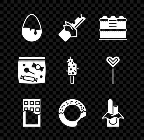 Set Chocolate egg, Bitten chocolate bar, Cake, Donut, Candy packaging for sweets Stock Illustration