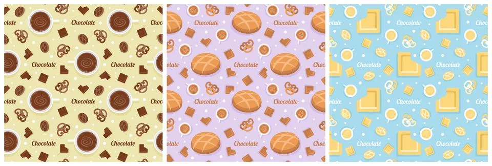 Set of Chocolate Seamless Pattern Design with Choco Decoration in Template .. Illustrazione stock