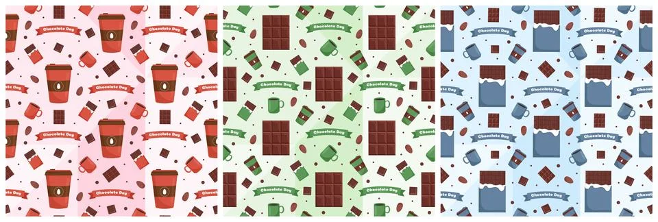 Set of Chocolate Seamless Pattern Design with Choco Decoration in Template .. Illustrazione stock