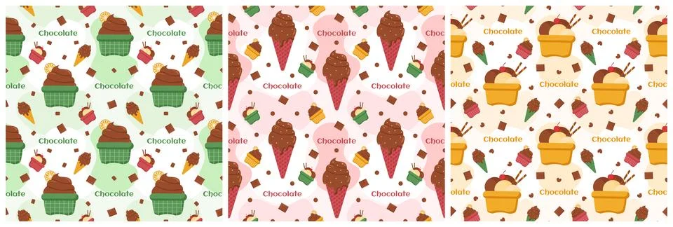 Set of Chocolate Seamless Pattern Design with Choco Decoration in Template .. Illustrazione stock