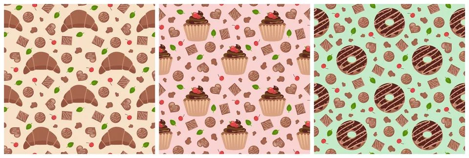 Set of Chocolate Seamless Pattern Design with Choco Decoration in Template .. Illustrazione stock