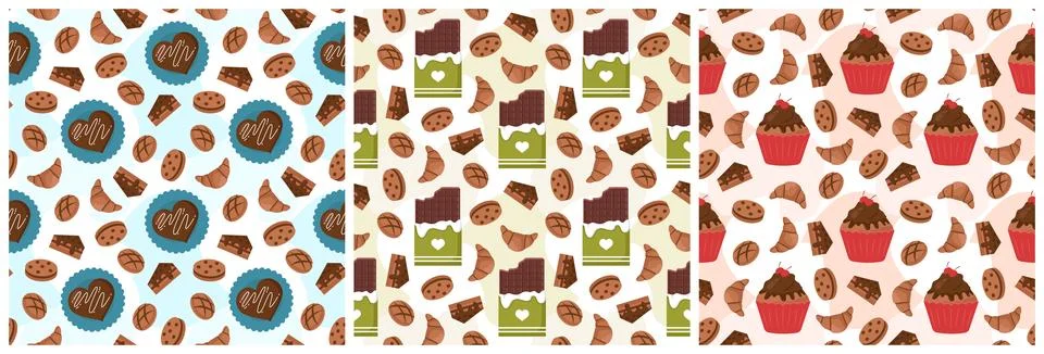 Set of Chocolate Seamless Pattern Design with Choco Decoration in Template .. Illustrazione stock