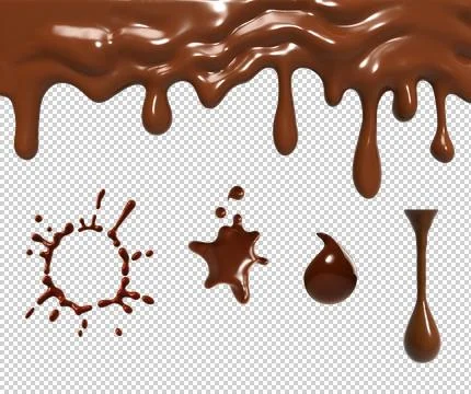 Set of chocolate stream and splashes isolated on transparent. 3d illustra Stock Illustration