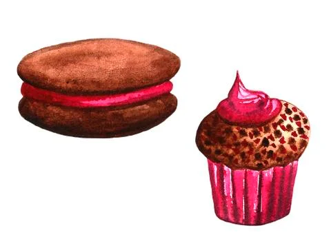 Set of chocolate sweets: donut, cake, cookies, cupcake, woopie pie, macarons. Stock Illustration