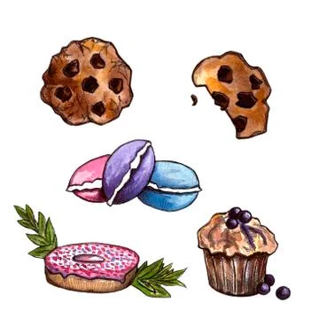 Set of chocolate sweets: donut, cake, cookies, cupcake, woopie pie, macarons. Stock Illustration