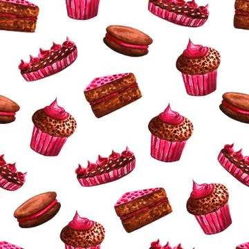 Set of chocolate sweets: donut, cake, cookies, cupcake, woopie pie, macarons. Stock Illustration