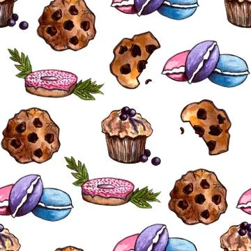 Set of chocolate sweets: donut, cake, cookies, cupcake, woopie pie, macarons. Stock Illustration
