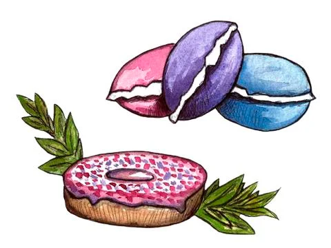 Set of chocolate sweets: donut, cake, cookies, cupcake, woopie pie, macarons Stock Illustration