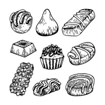 Set chocolate sweets sketch. Candy, truffle, bar, praline. Delicious desser.. Stock Illustration