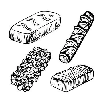 Set chocolate sweets sketch. Confectionery food, candy, bar. Delicious desser Stock Illustration