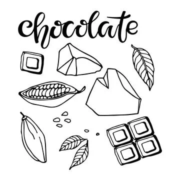 Set of Chocolate. Vector Hand drawn Cocoa beans, leaves, pieces of chocolate and Stock Illustration