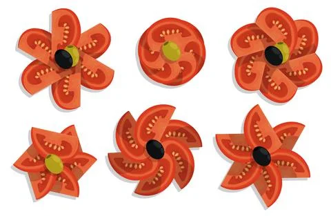 Set of chopped tomatoes for decorating salads and meat dishes. Star shaped to Stock Illustration