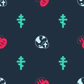 Set Christian bread, cross with globe and on seamless pattern. Vector 스톡 일러스트