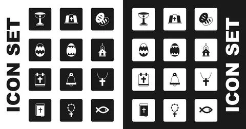 Set Christian bread, Easter egg, chalice, Church building, Pope hat, cross on Stock Illustration