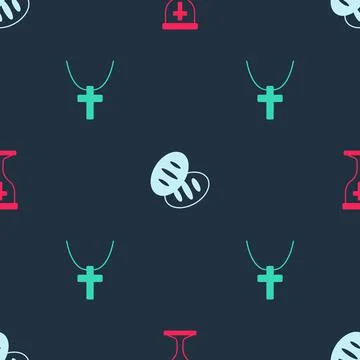 Set Christian chalice, bread and cross on chain on seamless pattern. Vector Stock Illustration