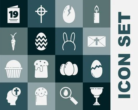 Set Christian chalice, Broken egg, Greeting card with Happy Easter, Carrot, and Stock Illustration