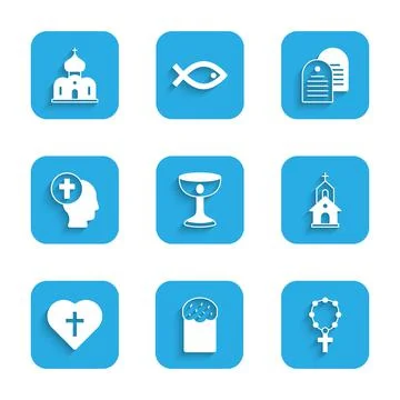 Set Christian chalice, Easter cake, Rosary beads religion, Church building, c Ilustración de archivo