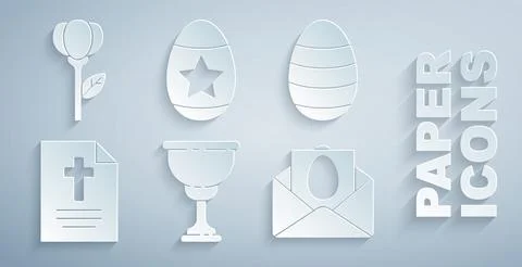 Set Christian chalice, Easter egg, Greeting card with Happy, and Flower tulip Stock Illustration