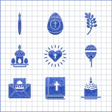 Set Christian cross and heart, Holy bible book, Easter cake candle, Balloons Stock Illustration