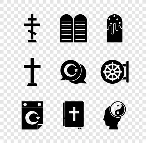 Set Christian cross, The commandments, Easter cake, Star crescent, Holy bible Stock Illustration