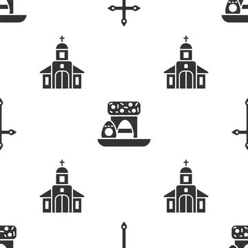Set Christian cross, Easter cake and eggs and Church building on seamless Ilustración de archivo