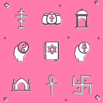 Set Christian cross, Easter egg, Muslim Mosque, Yin Yang, Jewish torah book Stock Illustration