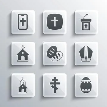 Set Christian cross, Easter egg, Pope hat, bread, Church building, on phone and Stock Illustration