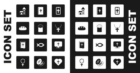 Set Christian cross on phone, Easter cake, bread, Church building, chain, Holy Stock Illustration