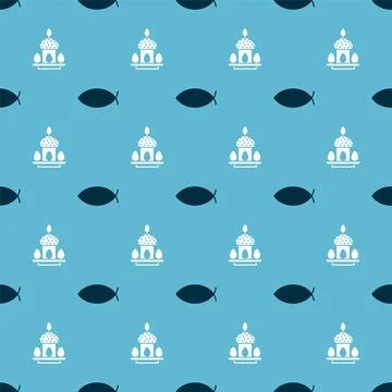 Set Christian fish and Easter cake and eggs on seamless pattern. Vector Stock Illustration