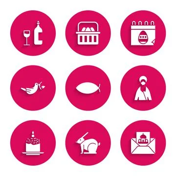 Set Christian fish, Easter rabbit, Greeting card with Happy, Jesus, cake and Stock Illustration