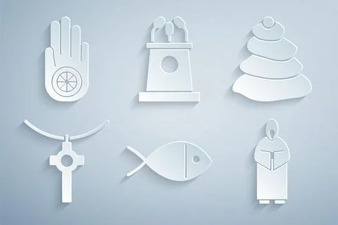 Set Christian fish, Stack hot stones, cross chain, Monk, Stage stand or tribune Illustrazione stock