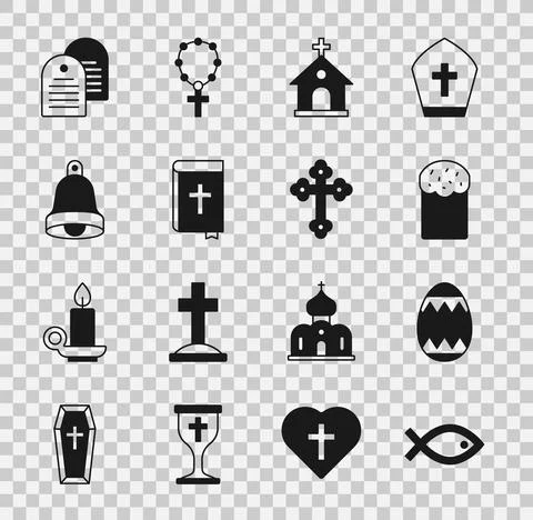 Set Christian fish symbol, Easter egg, cake, Church building, Holy bible book Ilustración de archivo