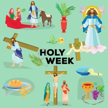 Set for Christianity holy week before easter, Lent and Palm or Passion Sunday Stock Illustration