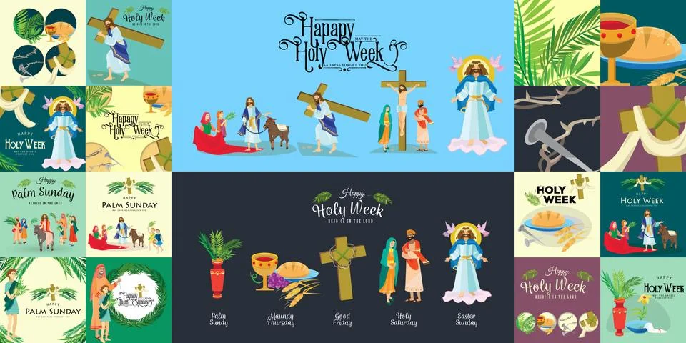 Set for Christianity holy week before easter, Lent and Palm or Passion Sunday Stock Illustration