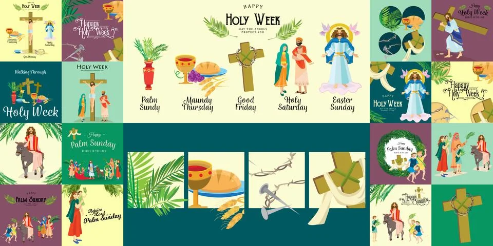 Set for Christianity holy week before easter, Lent and Palm or Passion Sunday Stock Illustration