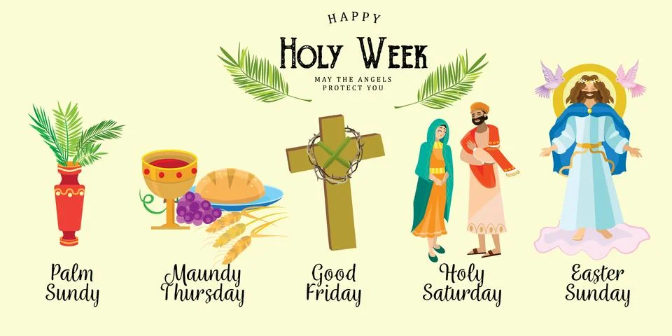 Set for Christianity holy week before easter, Lent and Palm or Passion Sunday Stock Illustration