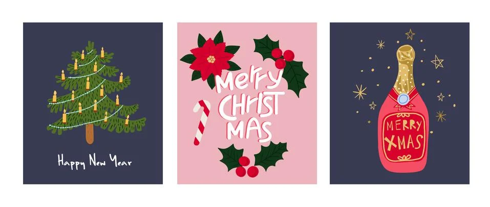 Set of Christmas and Happy New Year illustrations. Stock Illustration