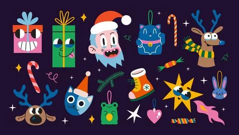 Set with Christmas attributes, groovy characters, Santa Claus, reindeer, ca.. Illustrazione stock