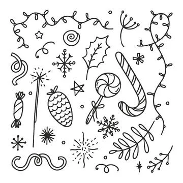 Set of Christmas attributes Twigs Cones Garland Vector Illustration Doodle Is Stock Illustration