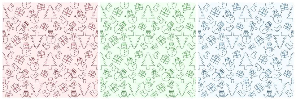 Set of Christmas Background Seamless Pattern With Santa Claus, Tree, Socks, S Stock Illustration