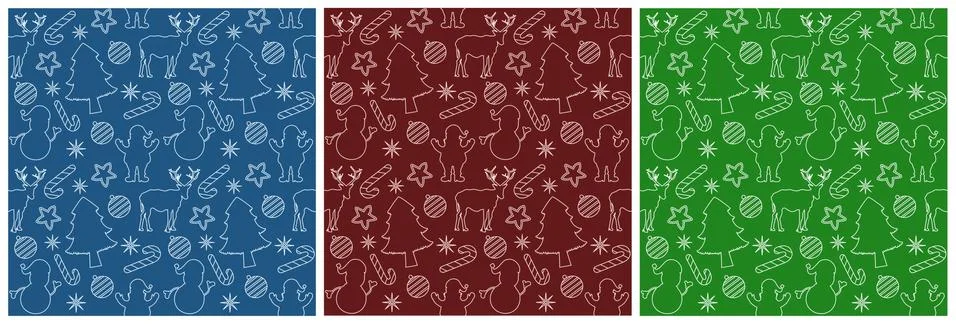 Set of Christmas Background Seamless Pattern With Santa Claus, Tree, Socks, S Stock Illustration